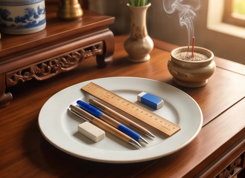 Bút viết, thước kẻ và tẩy được đặt ngay ngắn trên đĩa nhỏ dâng lên bàn thờ để xin vía minh mẫn