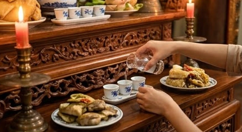 Rót rượu trắng vào chén nhỏ bên cạnh cỗ mặn trên án thờ gỗ được chạm trổ hoa văn rồng phượng tinh xảo