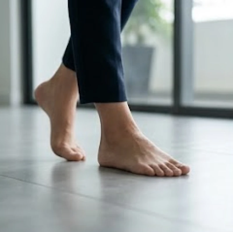 Cận cảnh đôi bàn chân bước đi nhẹ nhàng êm ái trên sàn nhà văn phòng thể hiện sự thanh lịch