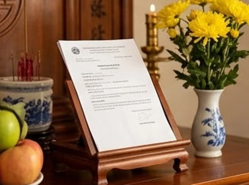 Văn khấn báo cáo gia tiên khi thi đỗ: Bài cúng & mâm lễ tạ ơn 5 Tờ giấy báo trúng tuyển đại học được đặt ngay ngắn trên một chiếc giá đỡ nhỏ gọn cạnh bình hoa cúc vàng