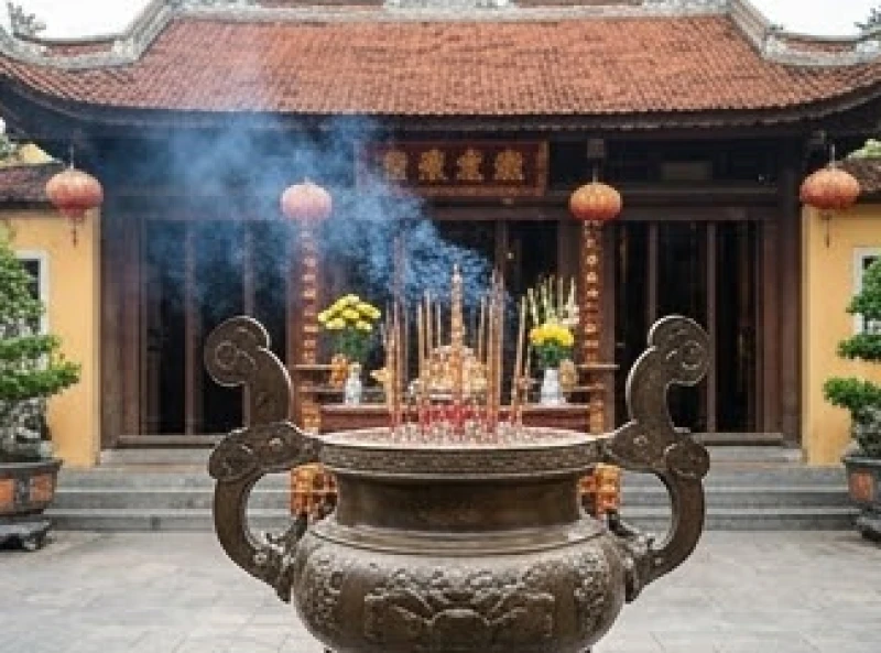 Lư hương lớn nghi ngút khói nhang được đặt ngay ngắn tại ban Công Đồng phía ngoài cửa đền