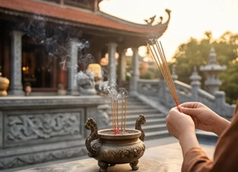 Người đi lễ thành kính thắp những nén hương cháy đỏ tại ban Công Đồng linh thiêng