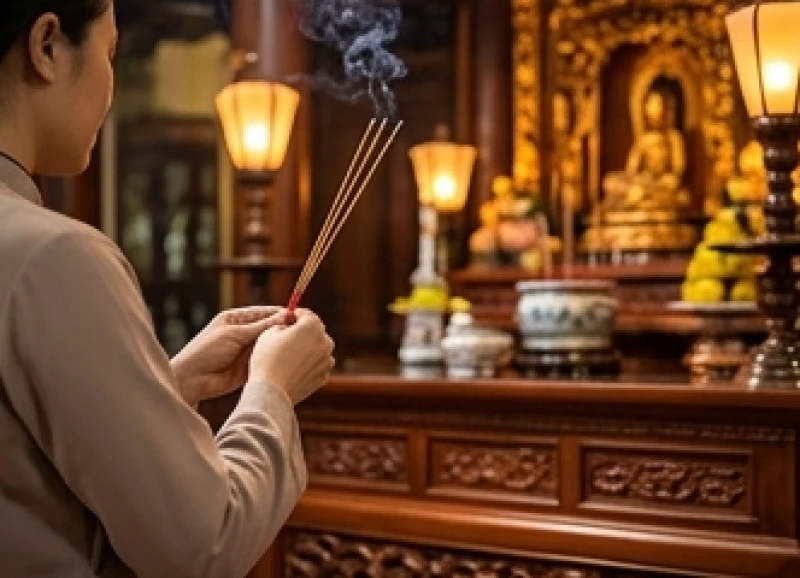 Văn khấn Đền Bắc Lệ: Hướng dẫn sắm lễ và thứ tự bái yết 8 Nam thanh niên mặc trang phục lịch sự chắp tay dâng nhang kính cẩn trước lư hương lớn tại ban Công Đồng