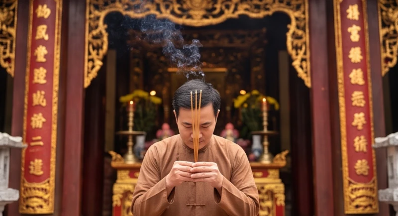 Người hành lễ cẩn thận dâng hương và trình báo tại ban Đức Ông trước khi tiến vào khu vực chính điện của ngôi chùa
