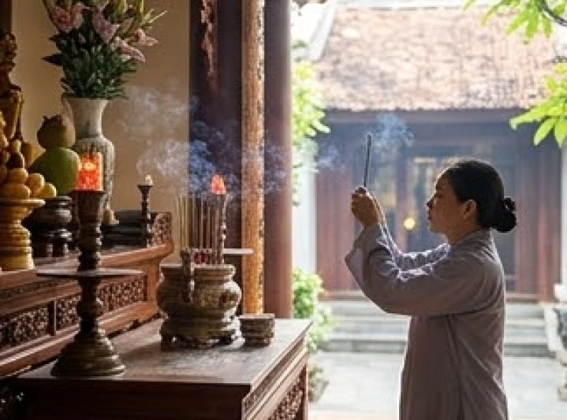 Văn khấn sám hối tại chùa: Trình tự các ban và mâm lễ chuẩn 6 Người dân thắp nhang và thành kính vái lạy xin phép tại ban Đức Ông trước khi vào chánh điện