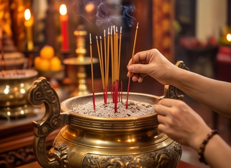 Văn khấn Quan Lớn Tuần Tranh: Bài khấn chuẩn và cẩm nang dâng lễ 9 Đôi bàn tay cẩn thận cắm những nén nhang đỏ rực vào bát hương lớn bằng đồng đặt trên bệ đá của đền thờ