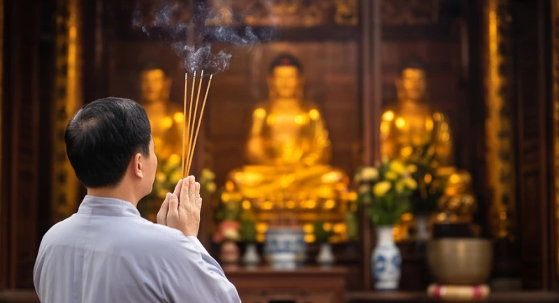 Người đi lễ kính cẩn dâng ba nén nhang và chắp tay cầu nguyện trước không gian uy nghiêm của ban Tam Bảo