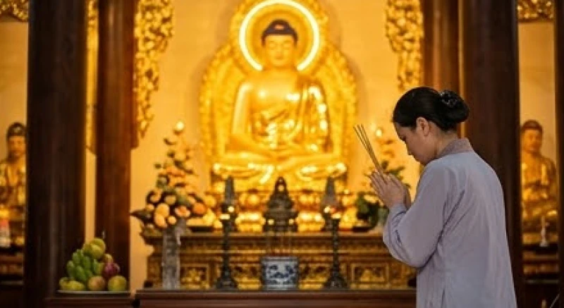 Văn khấn ban Mẫu: Bài cúng chuẩn và trình tự dâng lễ tại đền chùa 5 Tín chủ chắp tay thành kính dâng hương trước ban thờ Tam Bảo mang ý nghĩa Phật trước Thánh sau