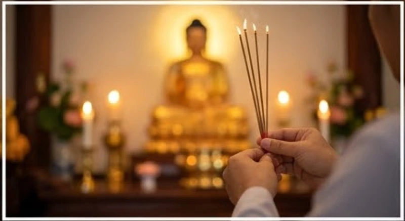 Mơ thấy Phật: Giải mã điềm báo, số may mắn và cách hóa giải 4 Đôi bàn tay thành kính dâng nén nhang trầm trước ban thờ Phật ngập tràn ánh nến lung linh huyền ảo