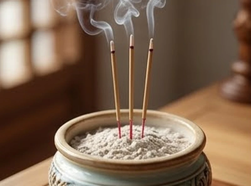 Ba nén hương trầm được cắm thẳng đứng ngay ngắn vào bát hương trung tâm của bàn thờ