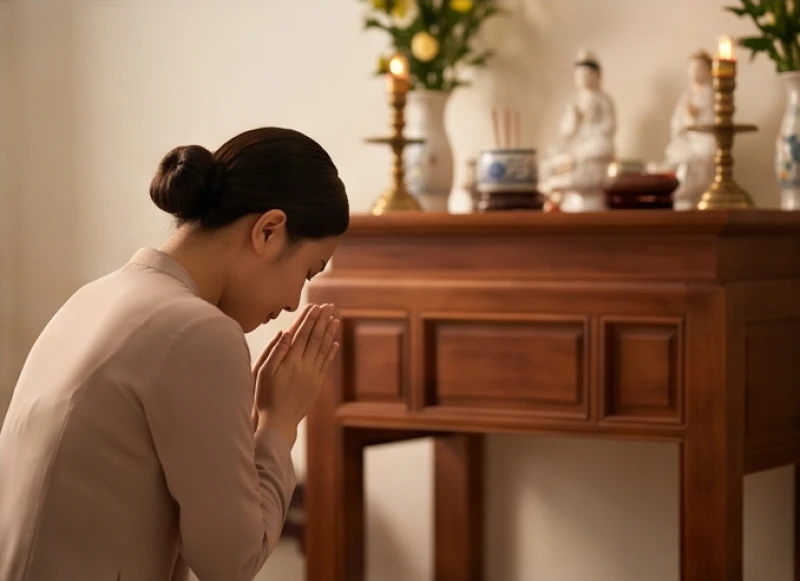 Văn khấn cầu an tại nhà: Bài khấn chuẩn và nghi thức bài bản 6 Gia chủ dâng 3 nén nhang và chắp tay lạy trước bàn thờ Phật được đặt ở vị trí cao nhất