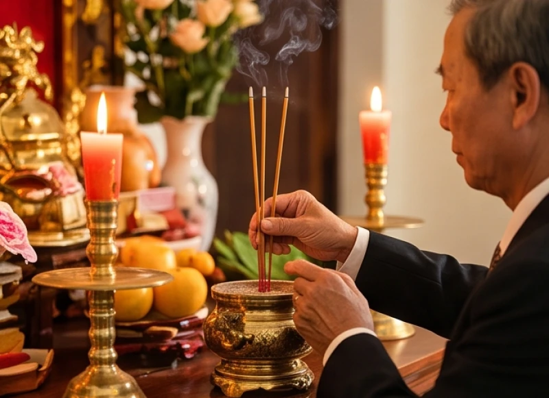 Văn khấn báo cáo gia tiên khi cưới hỏi: Bài cúng & trình tự 3 miền 6 Chủ gia đình thắp 3 nén nhang cắm thẳng vào bát hương để bắt đầu báo cáo với tổ tiên về sính lễ