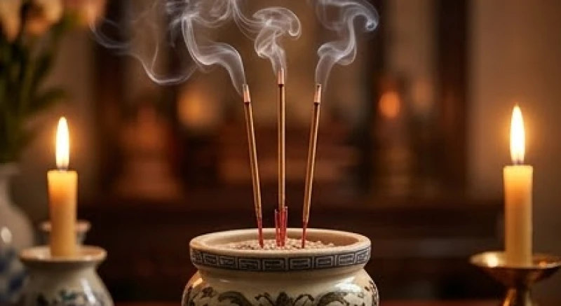 Văn khấn hết tang chồng: Bài cúng chuẩn xưng hô & sắm lễ 7 Ba nén nhang đang cháy đỏ đượm được cắm ngay ngắn trong bát hương bằng gốm trên bàn thờ truyền thống