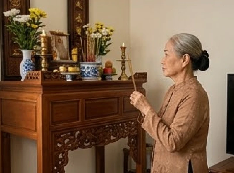 Người phụ nữ lớn tuổi đang thành tâm dâng hương trước bàn thờ gia tiên để cầu bình an