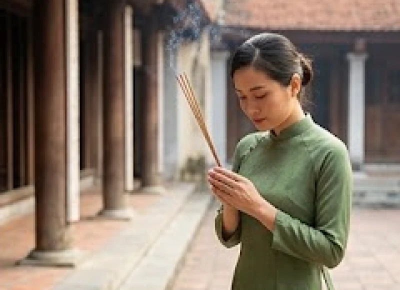 Người phụ nữ trong trang phục áo dài truyền thống đang chắp tay dâng hương xin sức khỏe và bình an