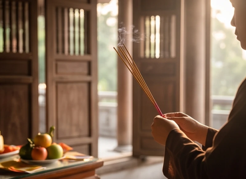 Văn khấn Quốc Mẫu Tây Thiên: Bài khấn chuẩn & Lộ trình dâng lễ 2 Người hành hương thành tâm cầm nén nhang dâng lễ cầu bình an tại Hương sơn Tam Đảo