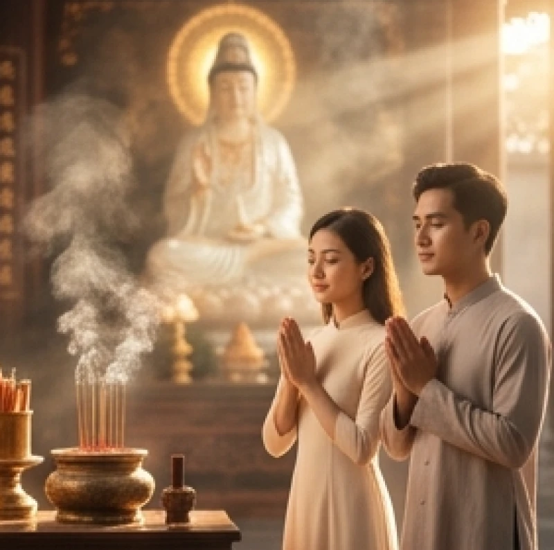 Văn khấn cầu con Quan Âm: Bài cúng chuẩn và nghi lễ cầu tự 1 Hai vợ chồng chắp tay thành kính dâng lễ cầu con Quan Âm trước tôn tượng Bồ Tát tĩnh lặng