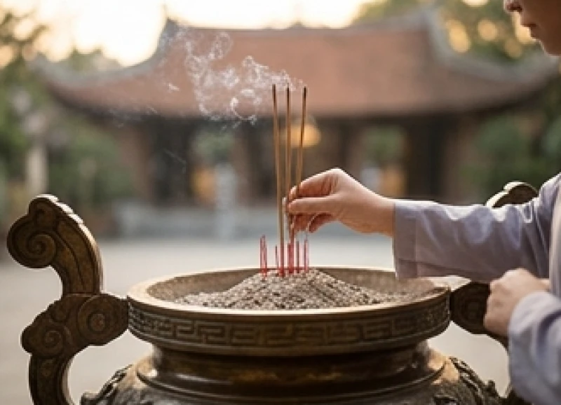 Văn khấn cầu siêu cho thai nhi tại chùa: Cách sắm lễ và thủ tục 9 Ba nén nhang trầm được dâng lên bát hương lớn trước lư đồng trong chánh điện trang nghiêm của chùa
