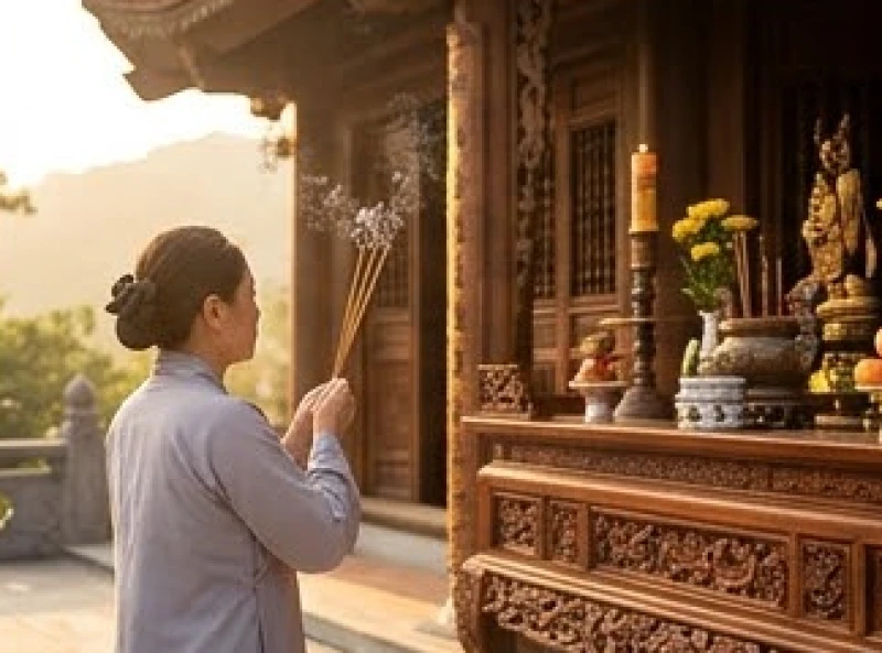 Du khách thành kính chắp tay dâng ba nén nhang trước ban Tam Bảo tại Chùa Tiên Thạch trên lưng chừng núi