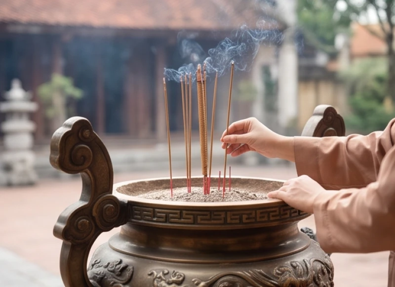 Tín chủ thắp nén hương trầm với thái độ thành kính tại khu vực lư hương chung của đền