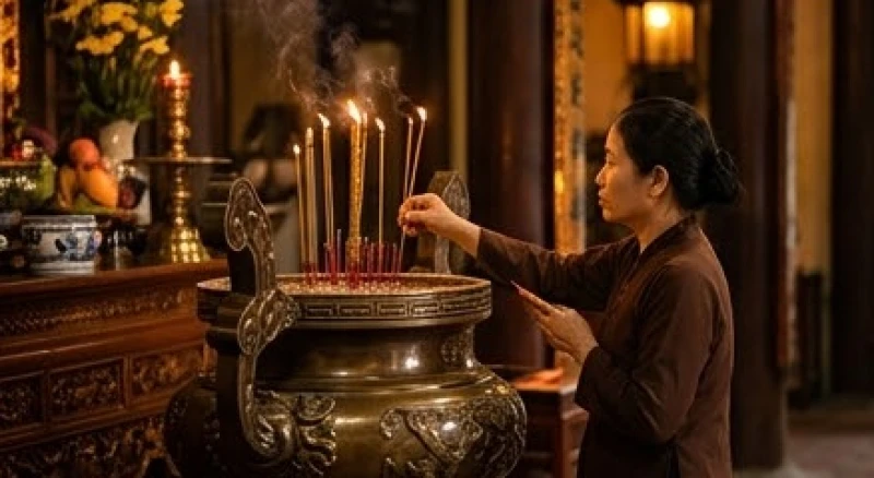 Tín chủ thành tâm thắp nhang và dâng mâm lễ vật màu đỏ tại cung cấm đền Sòng Sơn nơi thờ Mẫu