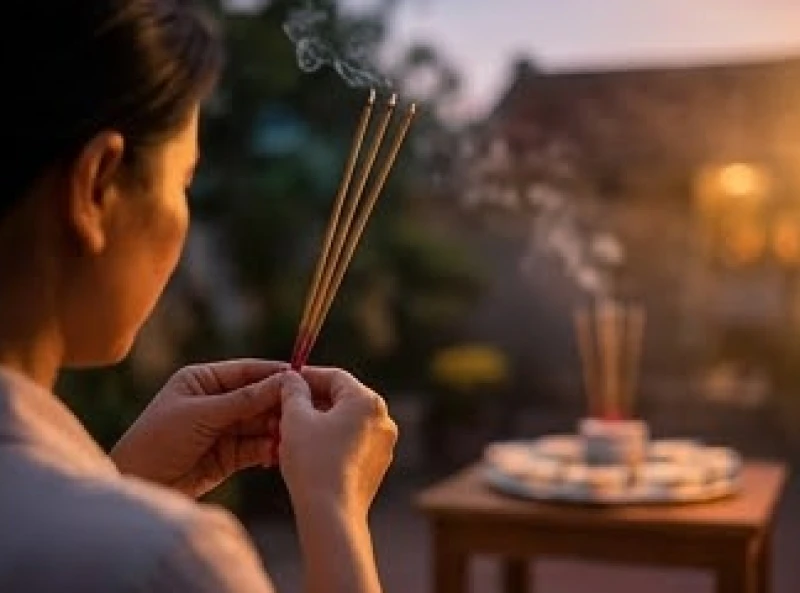 Đôi bàn tay thành kính nâng ba nén hương trầm vái trước không gian mâm lễ ngoài trời