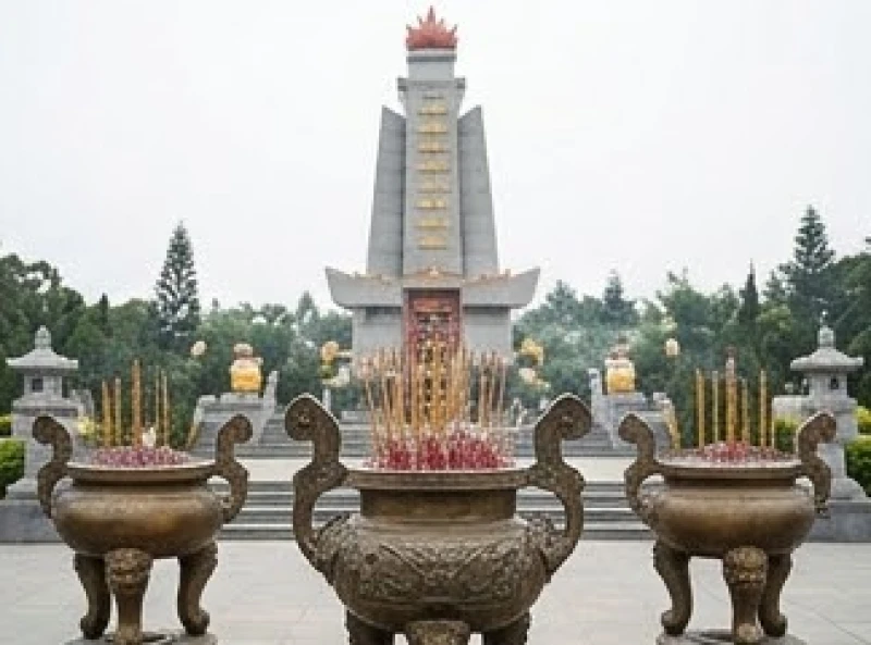 Đài tưởng niệm trung tâm Nghĩa trang Hàng Dương uy nghiêm trong khói nhang mờ ảo và tĩnh lặng.
