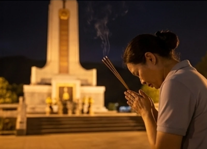 Người đi hành hương thành kính dâng hương tại đài tưởng niệm trước khi đọc văn khấn tại ban Cô Sáu
