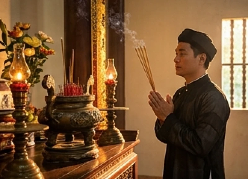 Văn khấn tại Đền Hùng: Bài khấn từng đền và lộ trình dâng hương 6 Tín chủ chắp tay thành kính châm nhang và lẩm nhẩm đọc văn khấn trước ban thờ Đền Hạ