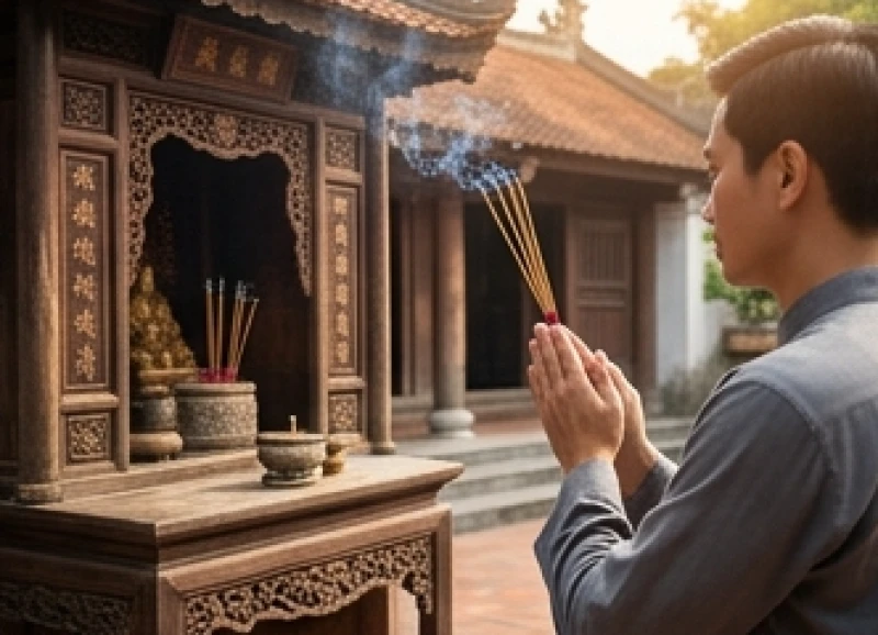 Văn khấn Giỗ Tổ Hùng Vương: Bài cúng chuẩn và Trình tự nghi lễ 3 Một du khách thành tâm chắp tay dâng hương trước gian thờ uy nghi tại khu di tích đền Hùng