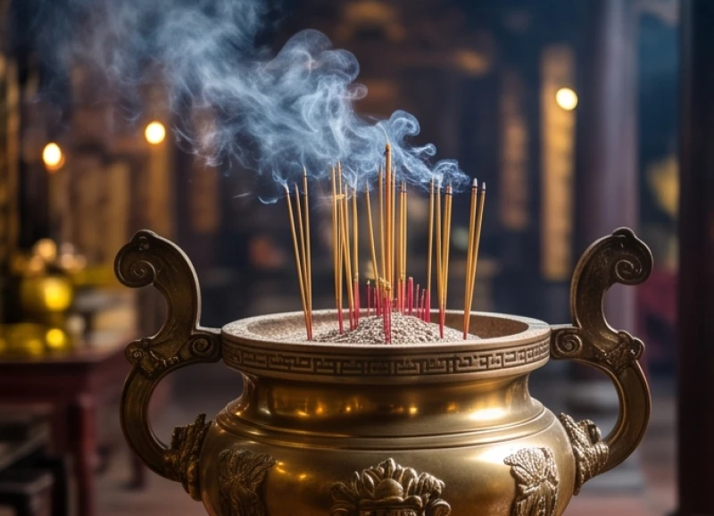 Văn khấn lễ hội Đền Bắc Lệ: Trọn bộ bài khấn và hướng dẫn đi hội 7 Khói hương nghi ngút tỏa ra từ bát nhang lớn tại không gian linh thiêng của đền Bắc Lệ trong ngày hội