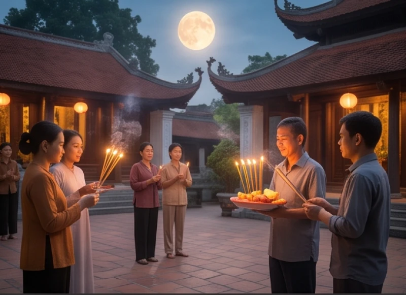 Văn khấn xin lộc Quan Lớn Tuần Tranh: Bài cúng & cách gieo đài 3 Hàng dài người sắm sửa lễ vật và dâng hương tại sân đền Tranh trong không khí trang nghiêm ngày rằm