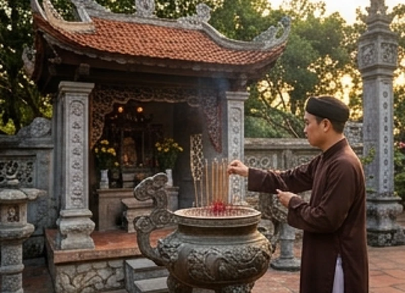Văn khấn Đền Cửa Ông: Trọn bộ bài khấn và trình tự dâng lễ chuẩn 5 Tín chủ chắp tay thành kính thắp nhang tại lư hương lớn phía trước khuôn viên Đền Trình