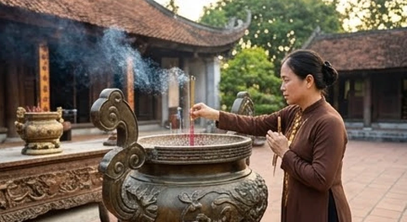 Tín chủ thành tâm thắp một nén nhang dâng lên bát hương tại Đền Trình trước khi tiến vào chính cung