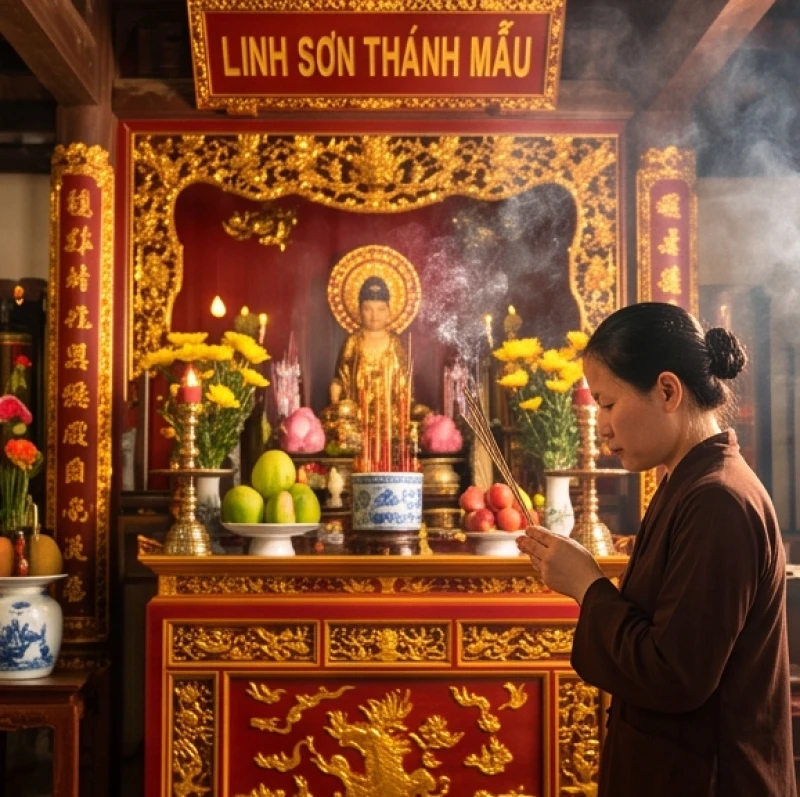 Đám đông thành tâm dâng hương và đọc văn khấn xin lộc trước ban thờ Linh Sơn Thánh Mẫu uy nghi