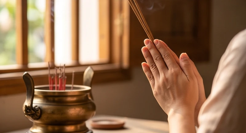 Gia chủ chắp tay thành kính trước bát nhang ngun ngút khói để đọc nhẩm bài văn khấn cầu tài lộc