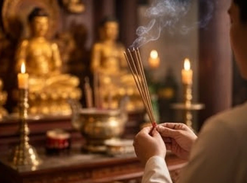 Văn khấn cầu duyên: Trình tự dâng lễ, viết sớ và tạ lễ bài bản 2 Người đi lễ chắp tay trang nghiêm dâng hương và nhẩm đọc văn khấn cầu duyên trước ban thờ