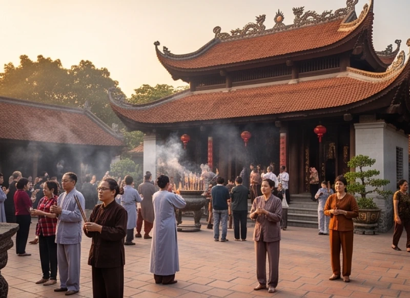 Khung cảnh người dân tấp nập đi bái yết trong ngày tiệc Thánh Mẫu tại Phủ Dầy