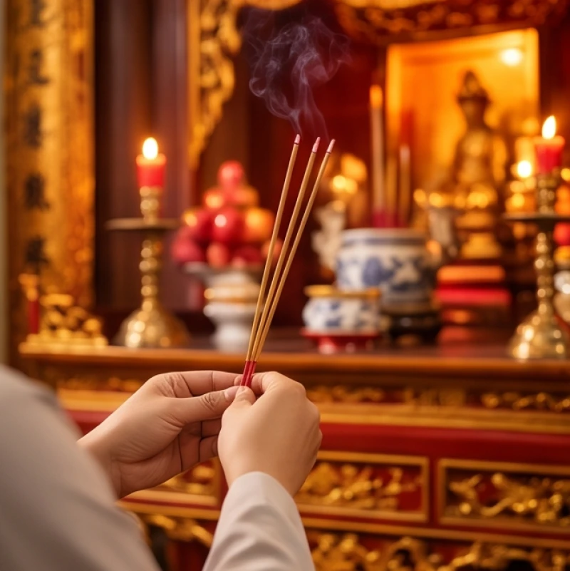 Đôi bàn tay chắp nén nhang rực cháy dâng lên ban thờ Mẫu trong ngày chính tiệc 16 tháng 6