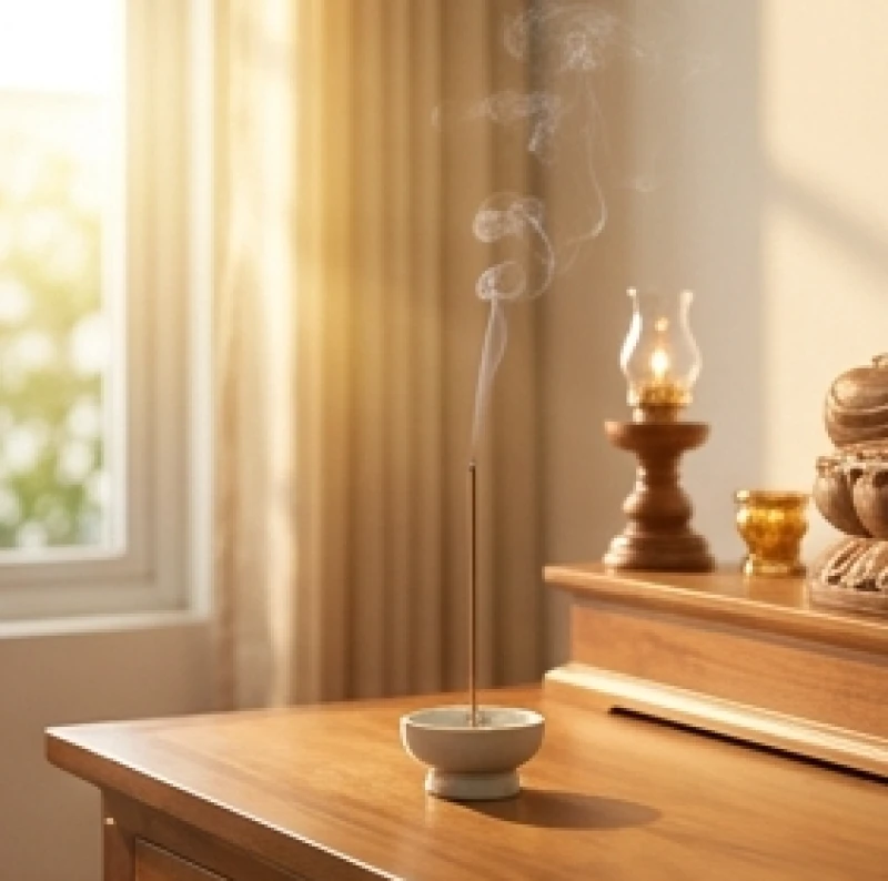 Không gian ban thờ Phật thanh tịnh ngập tràn ánh nắng ban mai dịu nhẹ trong khung giờ dâng hương buổi sáng