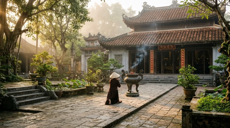 Khung cảnh Đền Trần yên tĩnh và trong lành vào buổi sáng sớm tinh sương với ánh nắng nhẹ nhàng
