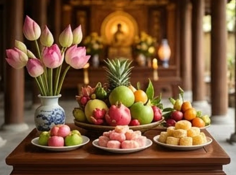 Mâm lễ chay thanh tịnh gồm hoa tươi và trái cây dâng lên ban Tam Bảo tại ngôi chùa cổ