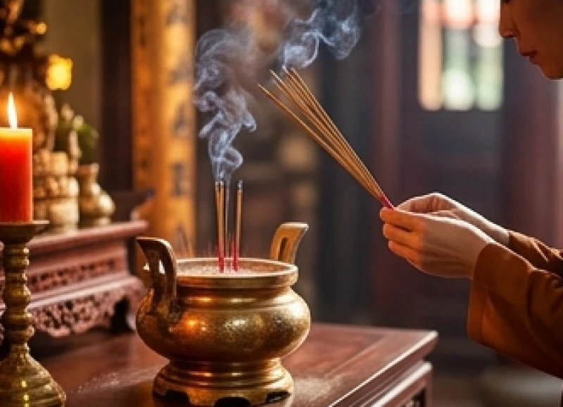 Người đi lễ cầm nhang chắp tay vái lạy ba cái thật sâu sau khi kết thúc phần đọc văn khấn