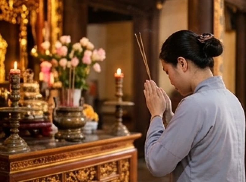 Văn khấn Đền Cô Chín Giếng: Bài cúng chuẩn và trình tự dâng lễ 7 Người hành lễ chắp tay vái lạy thành tâm trước ban thờ linh thiêng ngập tràn ánh nến và khói hương