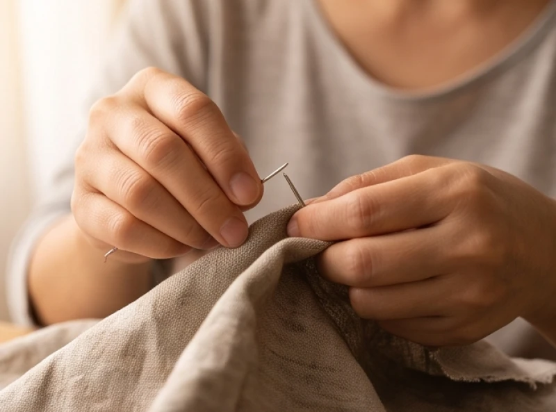 Người phụ nữ đang khâu vá quần áo thì bất ngờ gặp sự cố làm gãy kim khâu tay