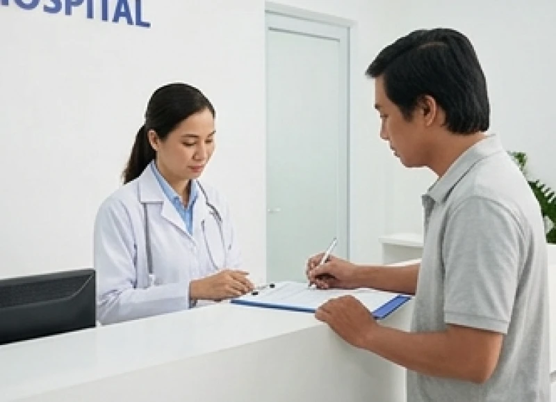 Bệnh nhân cẩn thận điền thông tin đăng ký gói khám sức khỏe tổng quát tại quầy lễ tân bệnh viện