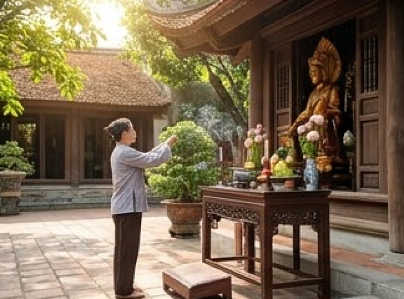Người đi lễ dâng hương và mâm quả xin phép tại ban Đức Ông trước khi vào chính điện