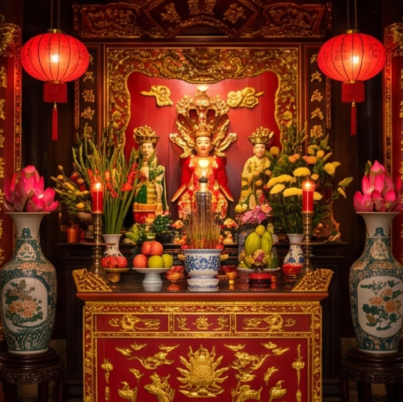 Văn khấn đi chùa đầu năm: Sắm lễ chuẩn và thứ tự hành lễ 9 Không gian ban thờ Mẫu lộng lẫy nơi du khách dâng lễ mặn xin tài lộc và công danh dịp đầu năm
