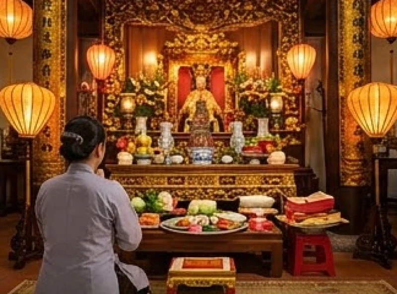 Tín chủ thành tâm quỳ lạy và dâng mâm lễ chay tịnh tại ban thờ Thánh Mẫu trong không gian tĩnh lặng