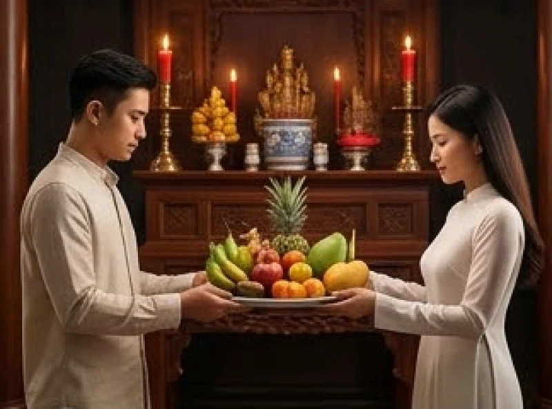 Vợ chồng cẩn thận đặt mâm lễ 7 món lên ban Mẫu tại một ngôi chùa cổ kính nổi tiếng linh thiêng